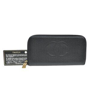 CHANEL CC Logo Long Zipper Around Wallet Grained Calfskin Leather Black 85RL236